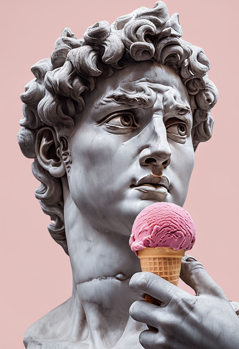 Surreal Michelangelo's David Statue with Ice Cream Close-Up Art