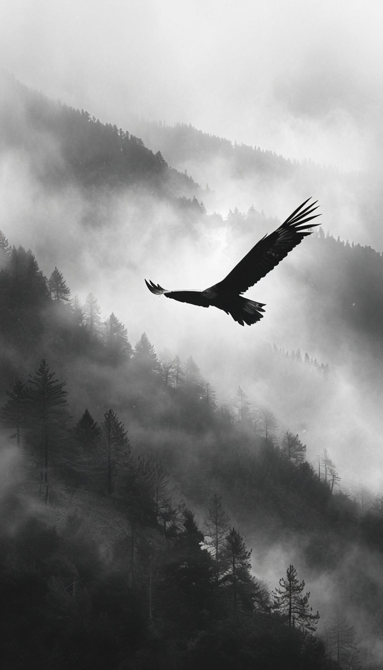 Misty Mountains and Flying Bird Silhouette in Black and White Mobile Wallpaper