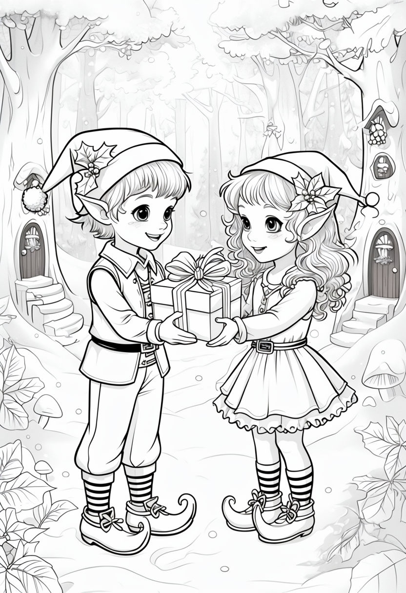 Kawaii Elf Kids Holiday Coloring Book Page Illustration