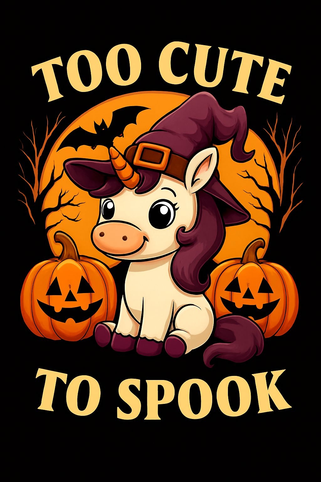 Adorable Unicorn Halloween Design with Pumpkins and Bats T-shirt