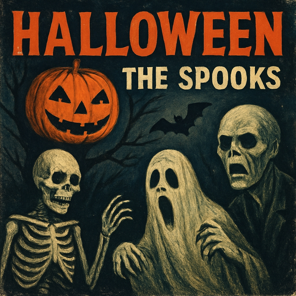 Eerie Vintage Halloween Poster with Spooky Characters and Pumpkin Spotify Album Cover
