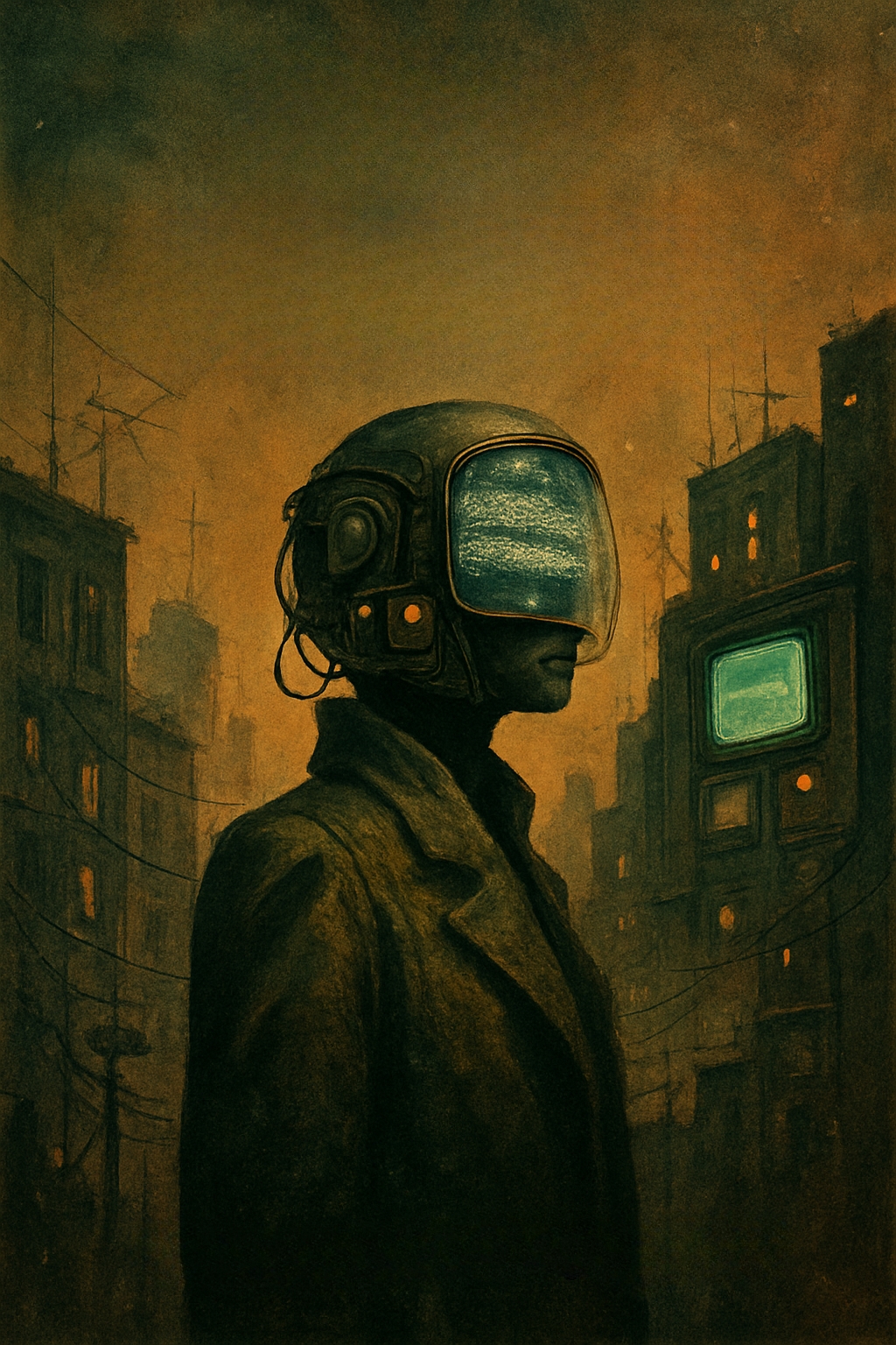Surreal Futuristic Cityscape with Vintage TV Helmet Figure EBook Cover