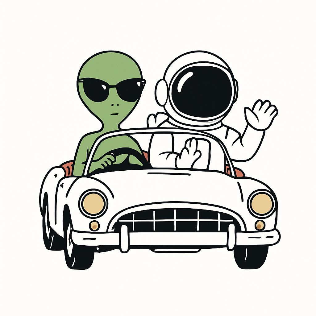 Playful Cartoon Alien Driver and Astronaut Passenger Sticker