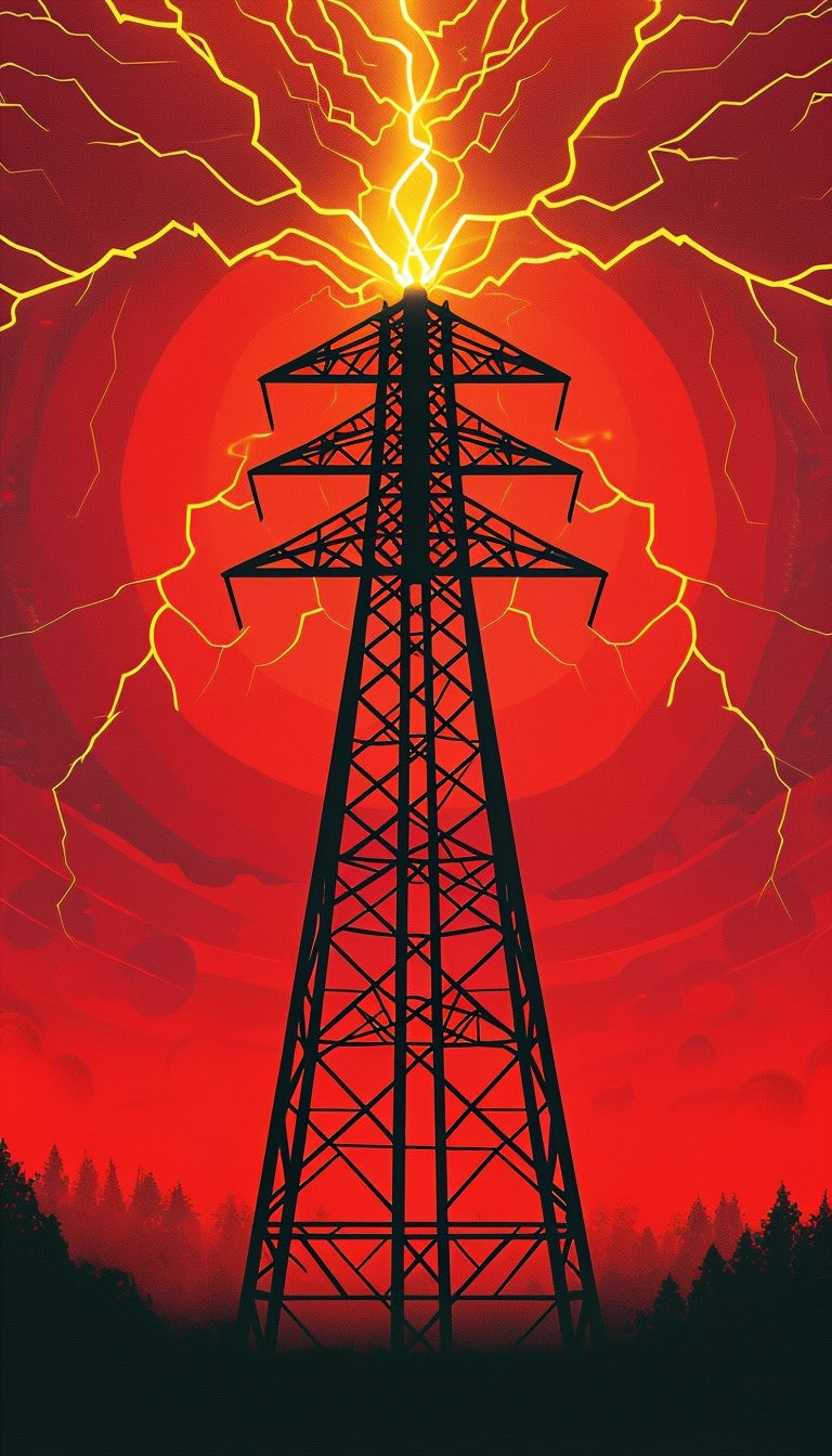 Imposing Black Steel Tower with Lightning Bolts and Red Sky Mobile Wallpaper