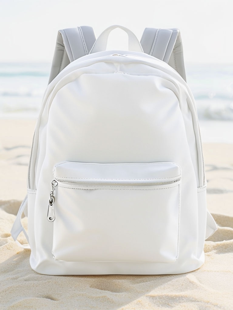 Minimalist White Backpack on Beach Sand Product Photo Mockup