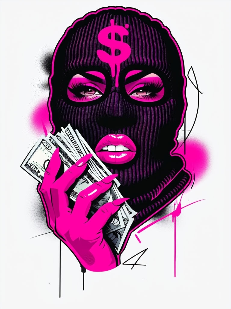 Edgy Black Ski Mask Illustration with Neon Pink Accents Art