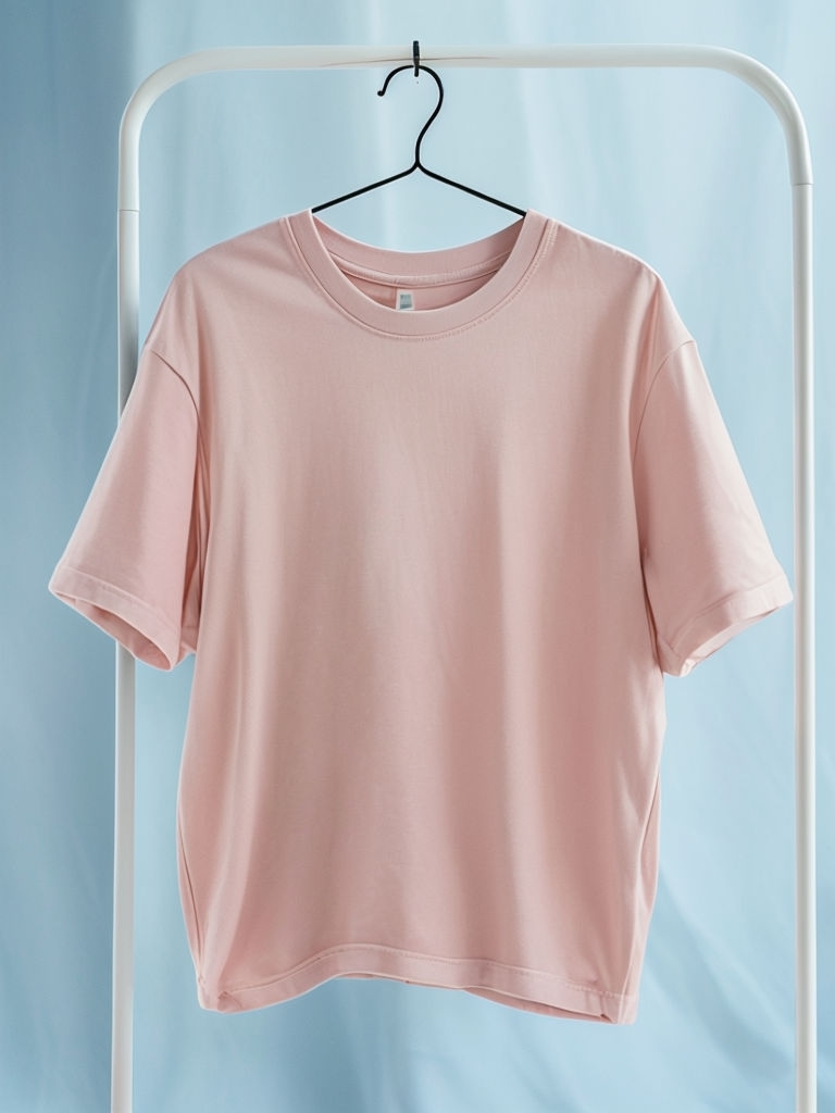 Pale Pink Casual T-Shirt Hanging on White Rack Photo Mockup