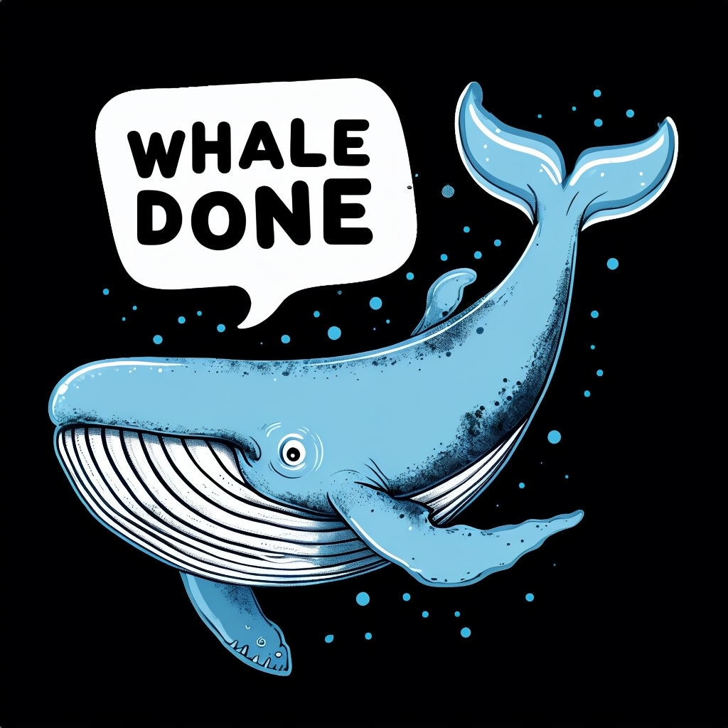 Whimsical Cartoon Blue Whale with 'Whale Done' Text T-Shirt