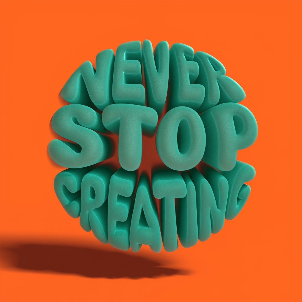 Vibrant 3D "Never Stop Creating" Motivational Art on Bright Orange Background Poster