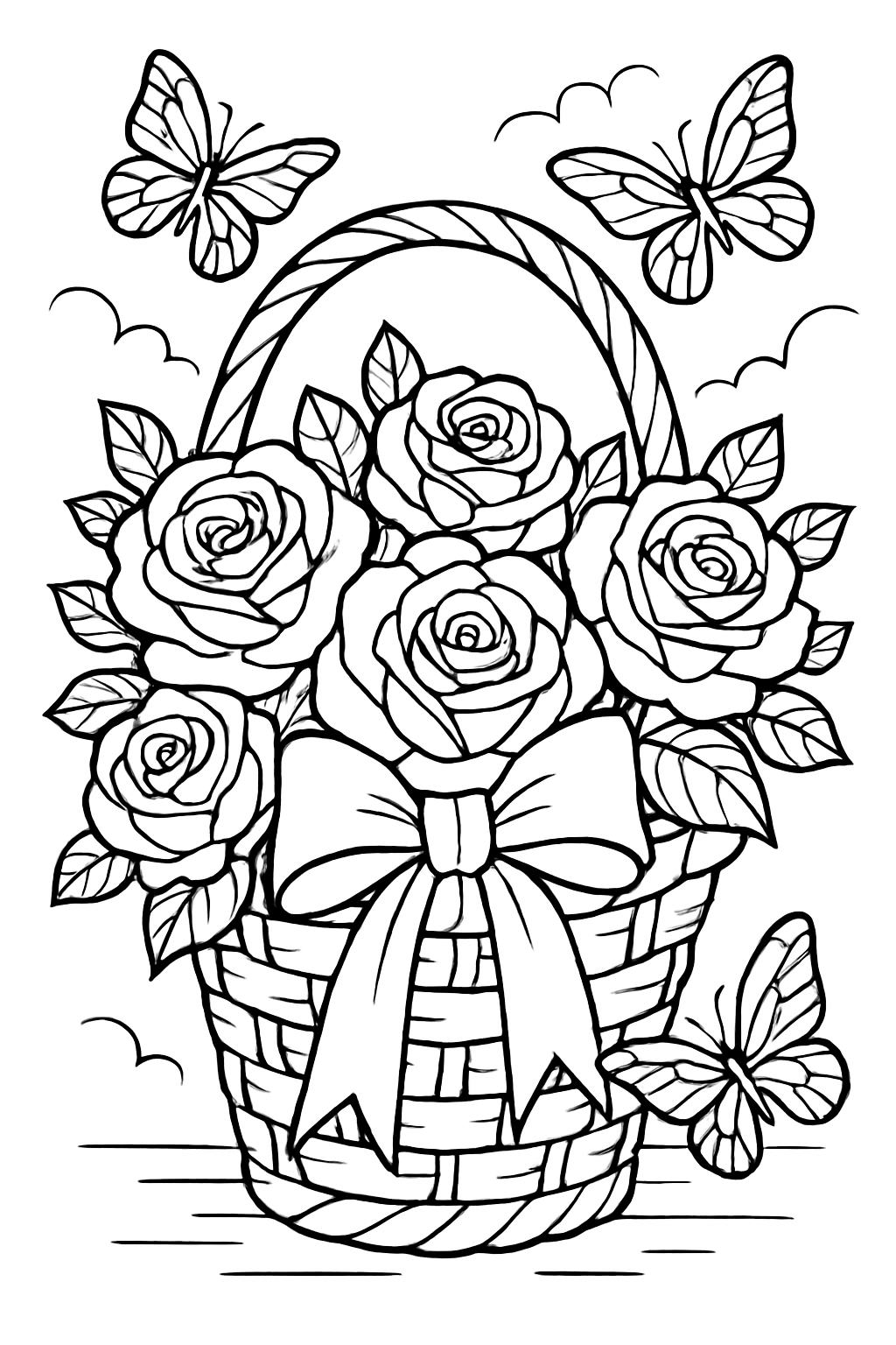 Woven Basket with Roses and Butterflies Black and White Illustration Coloring Book Pages