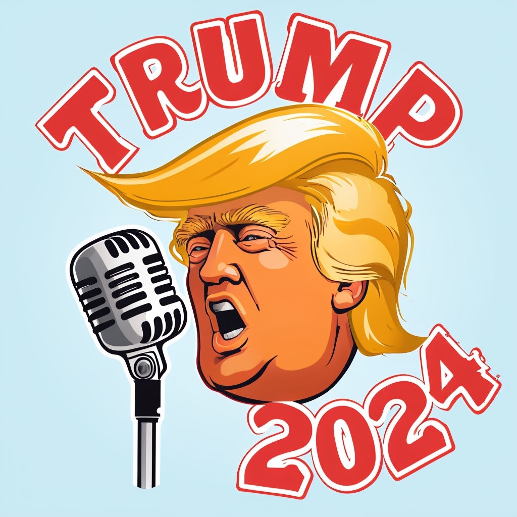 Whimsical Trump 2024 Logo with Cartoon Hair and Microphone