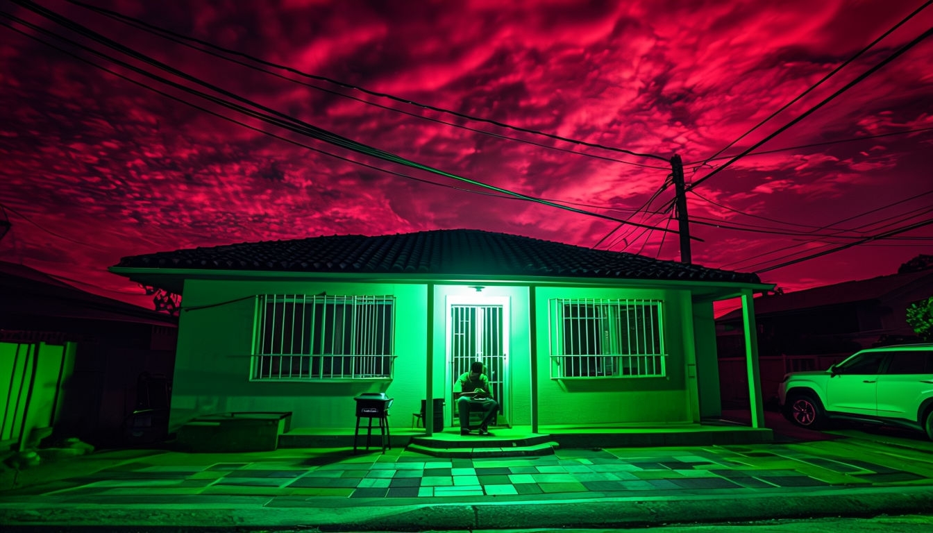 Mysterious Nighttime House with Green Glow Background Virtual Backgrounds