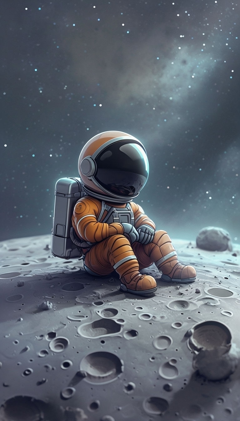 Contemplative Cartoon Astronaut on Moon Surface Mobile Wallpaper