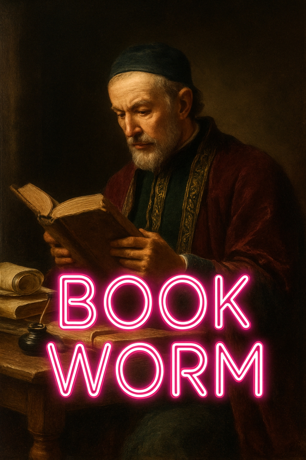 Classical Portrait of an Elderly Man with Neon Book Worm Poster