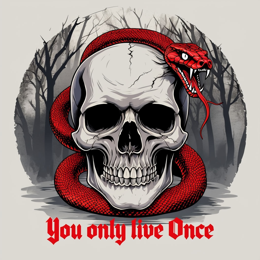 Gothic Skull and Snake Design with You Only Live Once Text T-Shirt