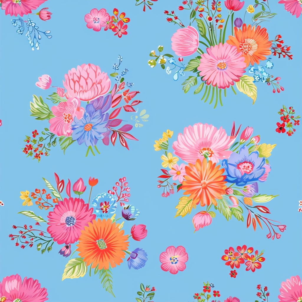 Vibrant Floral Bouquets on Sky Blue Seamless Pattern Design
