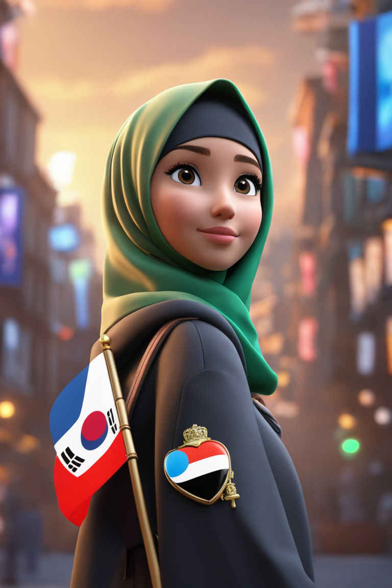 Hijabi girl with Abaya wearing backpack with anime badge and... by ...