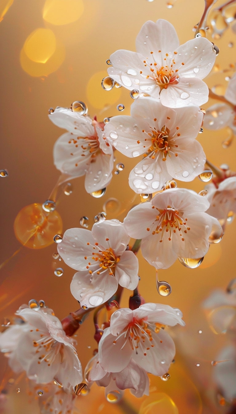 Elegant White Cherry Blossoms with Water Droplets Mobile Wallpaper