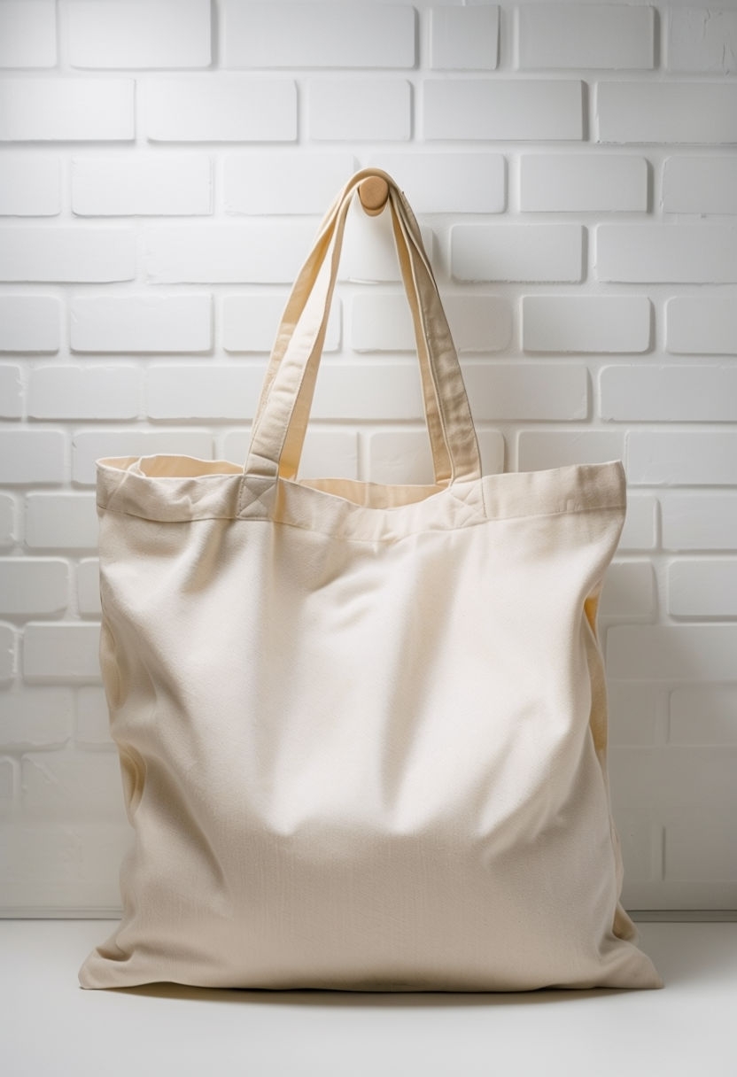 Minimalist Beige Canvas Tote Bag Against Brick Wall Mockup