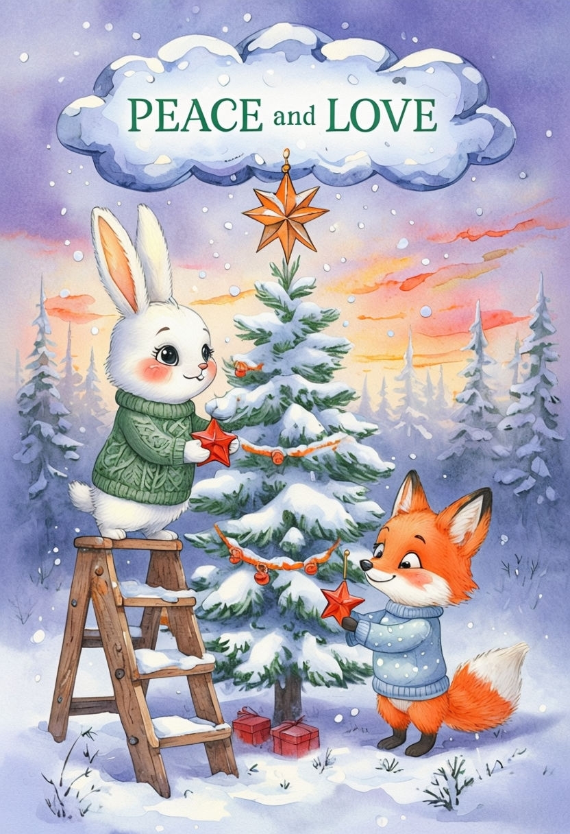 Charming Cartoon Animals Decorate Christmas Tree in Winter Scene Card