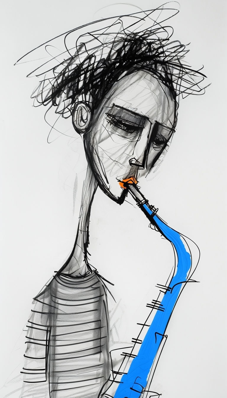Expressive Mixed-Media Musician Sketch with Vibrant Colors Art