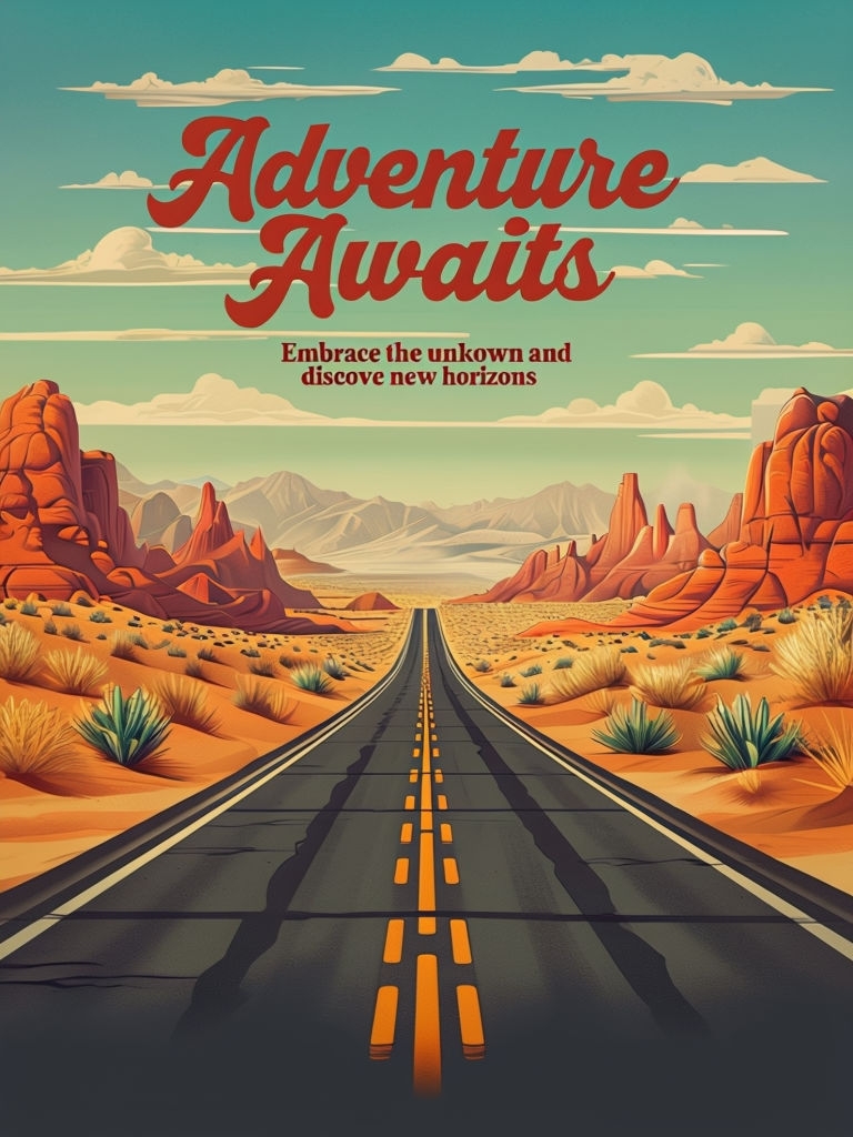 Endless Desert Road Adventure Awaits Vintage Poster Social Media Post