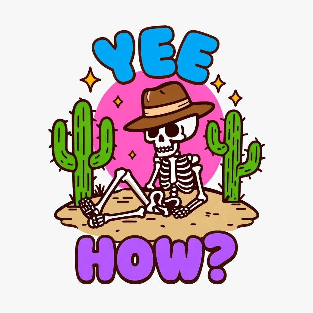 Cartoon Skeleton in Desert with Cacti and Whimsical Text Mug