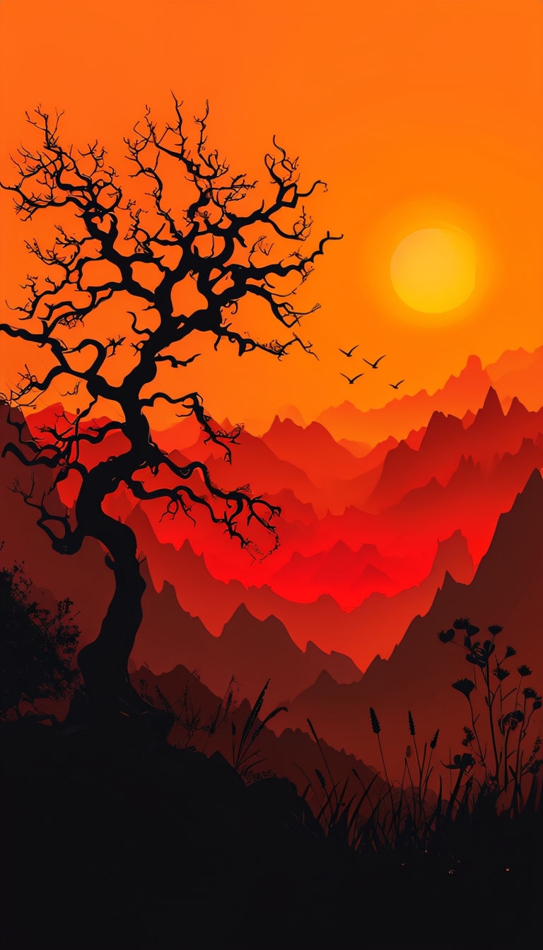 Dramatic Sunset Landscape with Silhouette Tree and Mountains Mobile Wallpaper
