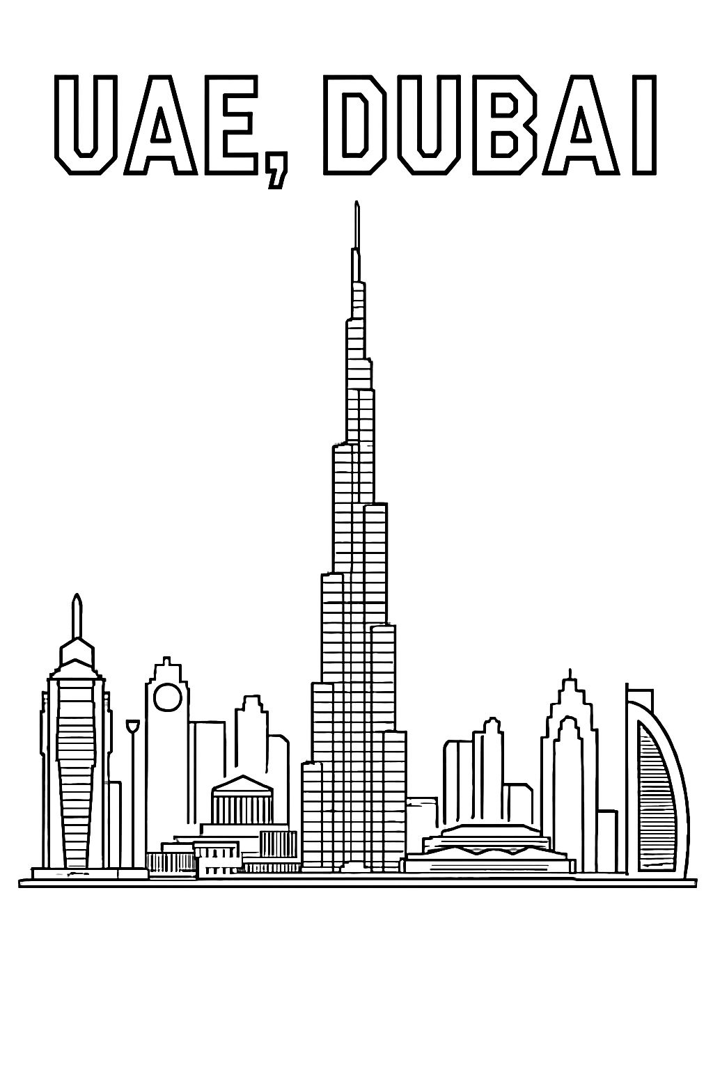 Dubai Skyline Line Art Illustration Featuring Burj Khalifa Coloring Book Page