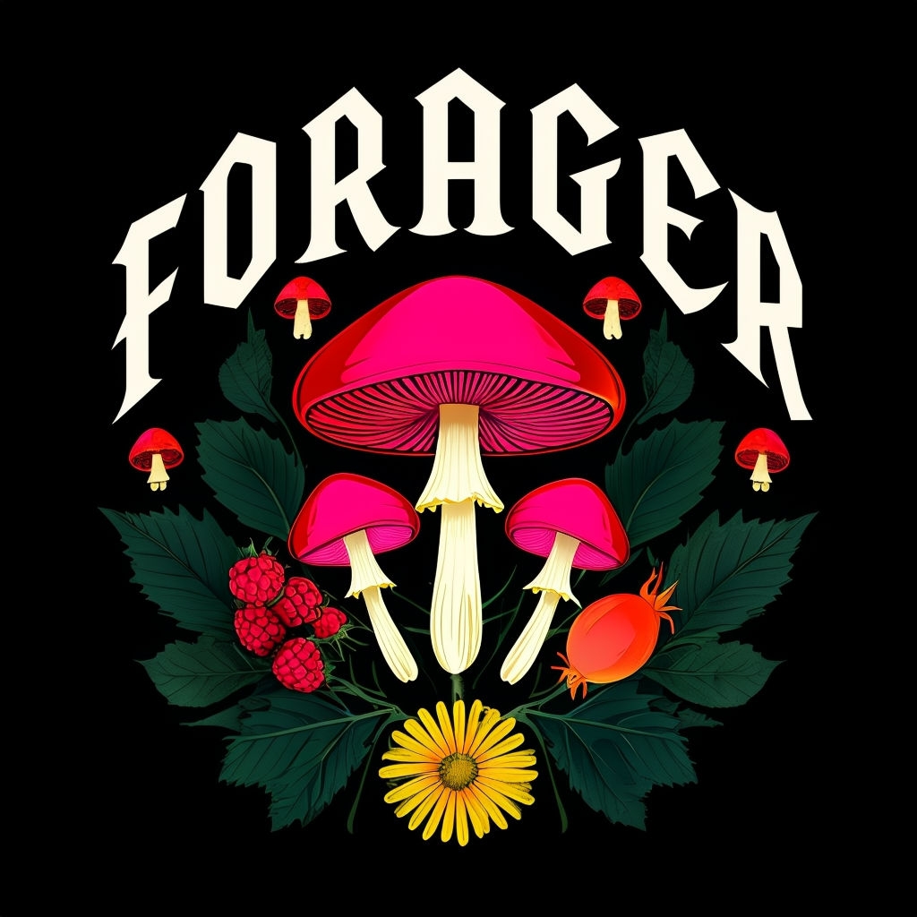Bold Forager Graphic Design with Mushrooms and Botanicals T-Shirt