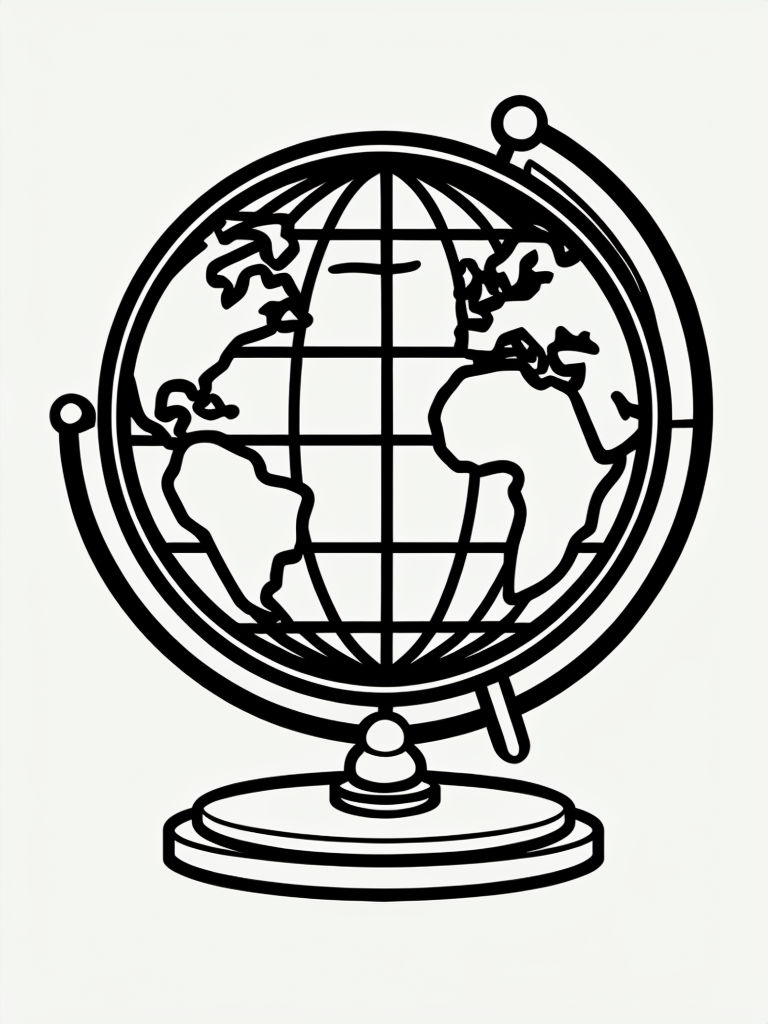 Minimalist Black Line Drawing of Terrestrial Globe Coloring Book Page