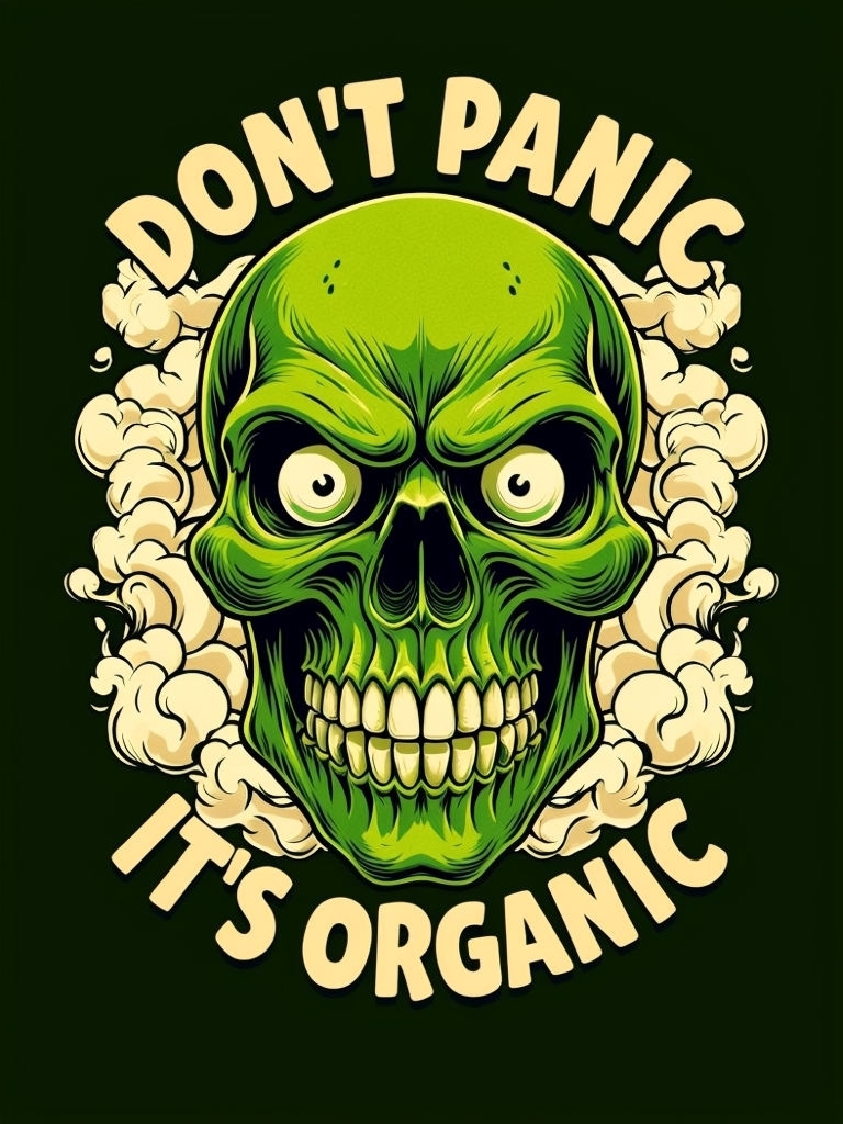 Menacing Green Skull with Don't Panic It's Organic Text T-shirt