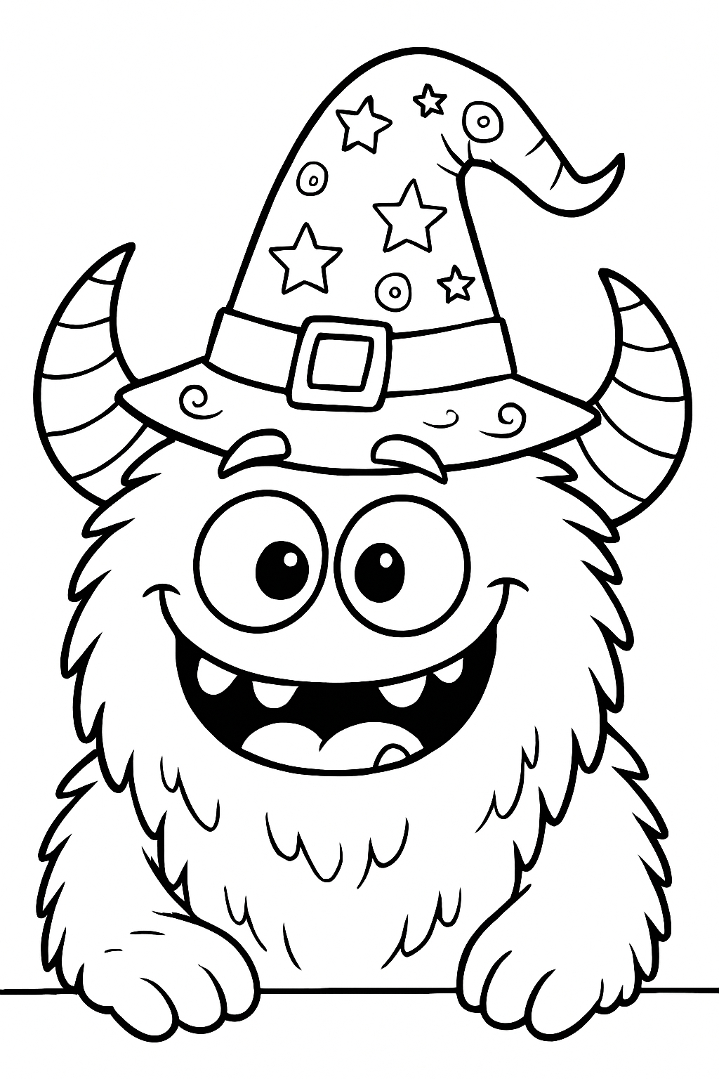 Cheerful Cartoon Monster with Wizard Hat Coloring Book Page