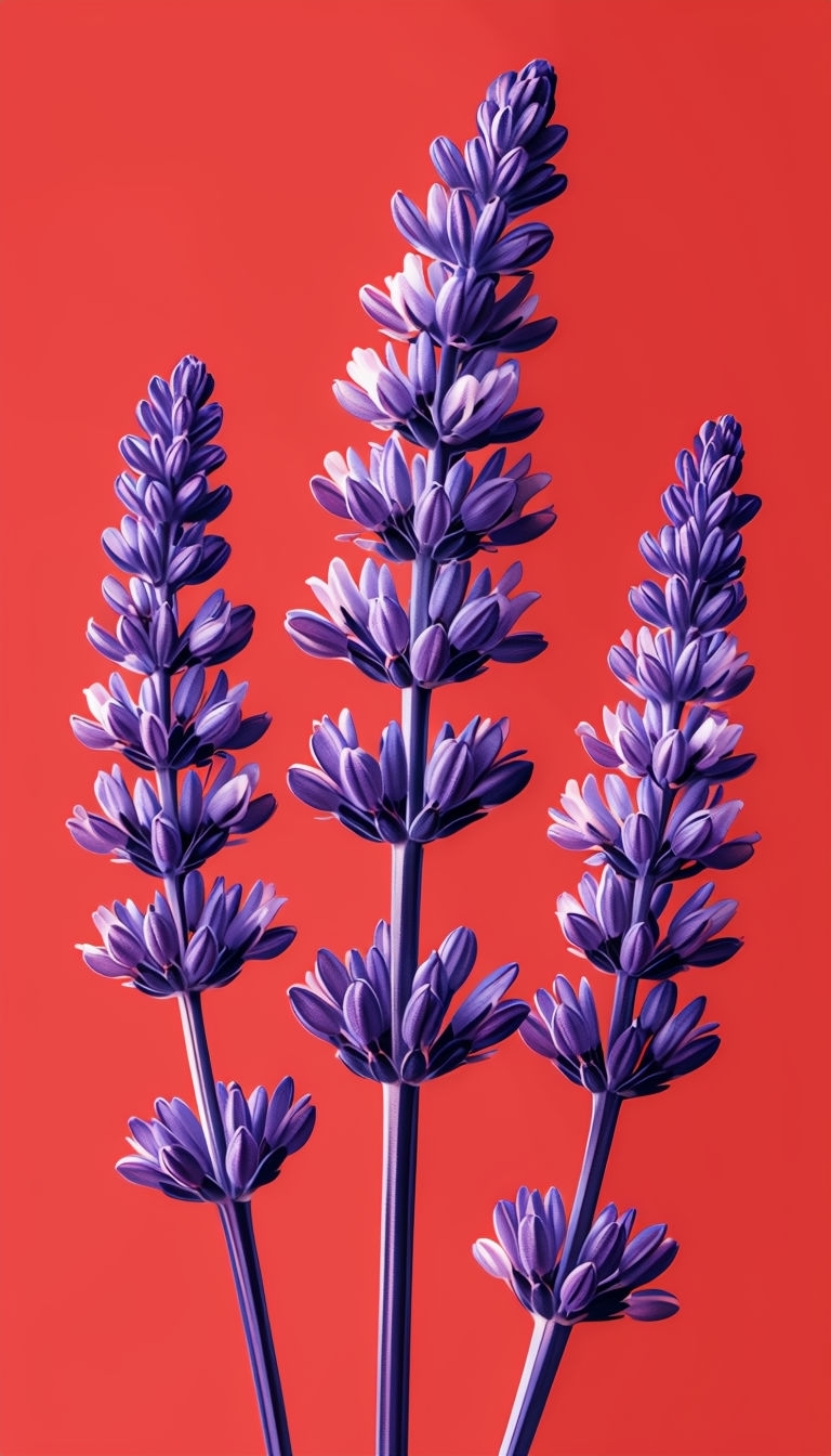 Lavender Stems Against Vibrant Coral Red Background Mobile Wallpaper
