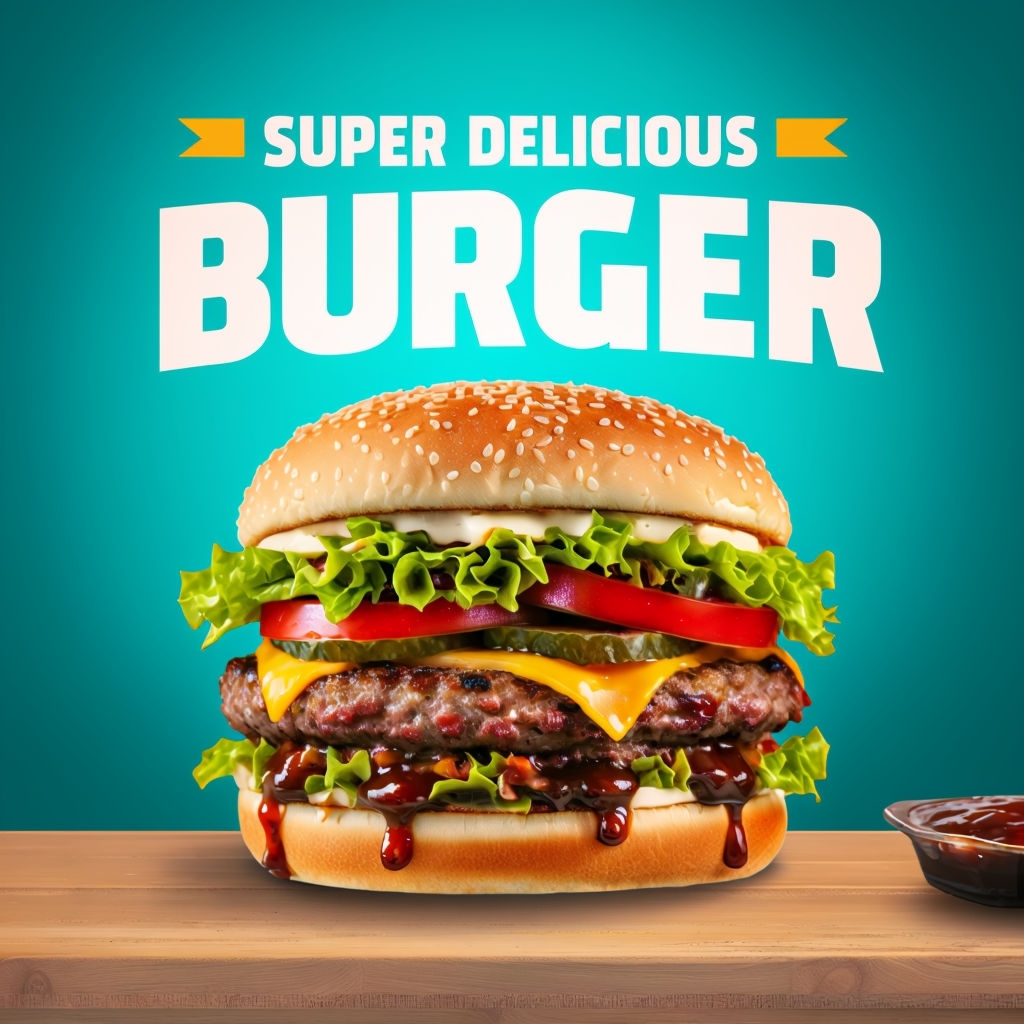 Vibrant Super Delicious Burger Promotion Poster for Food Lovers Social Media Post