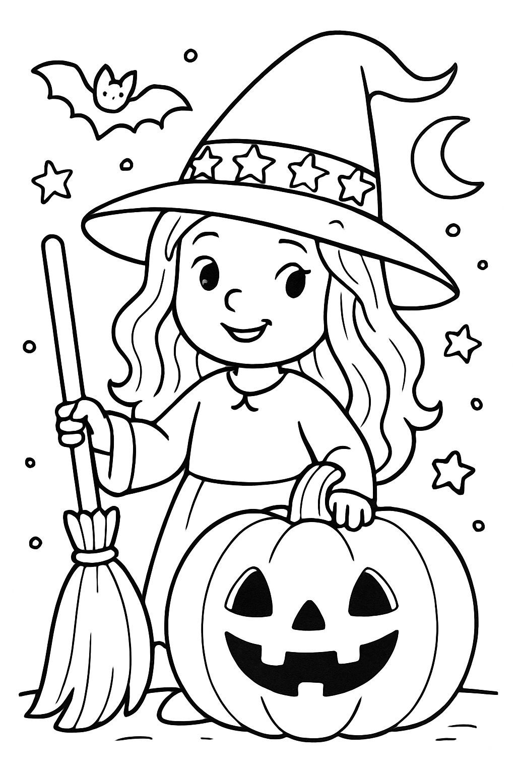 Cheerful Young Witch Halloween Coloring Page for Fun Activities