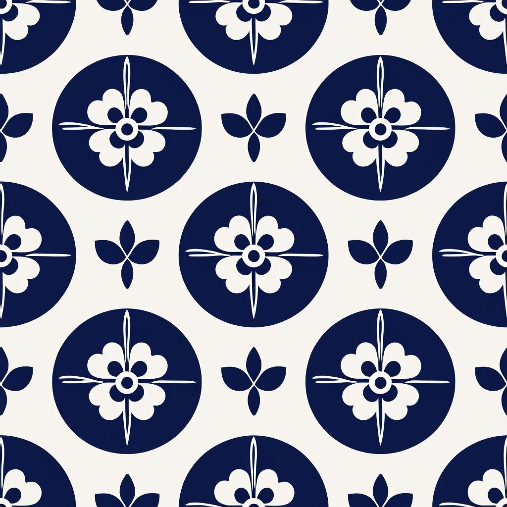 Modern Geometric Navy Blue Floral Pattern on Light Beige Background Seamless Pattern