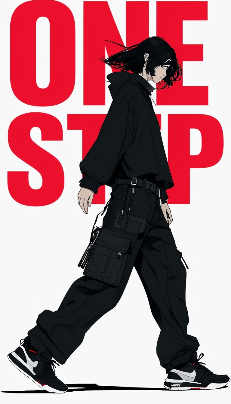 Dynamic Walking Figure with Bold 'ONE STEP' Text Mobile Wallpaper