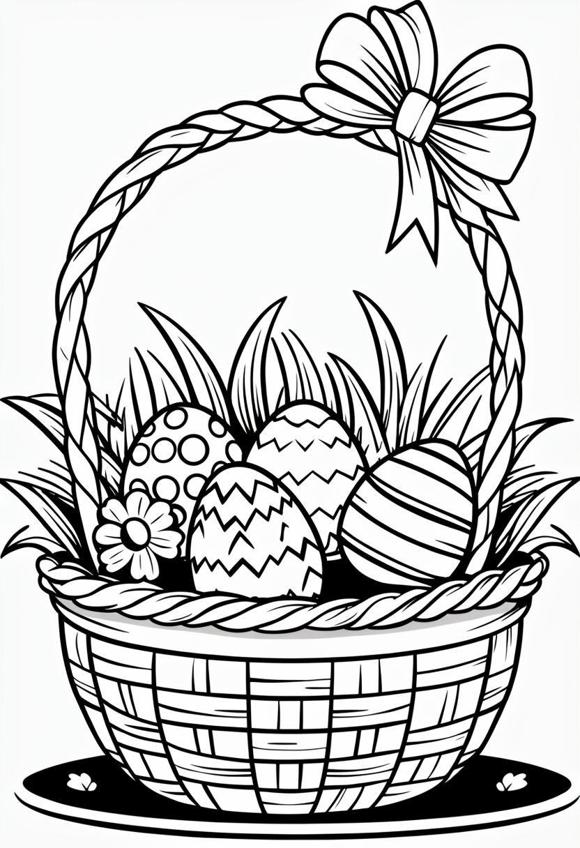 Black and White Easter Basket with Decorated Eggs Coloring Book Page