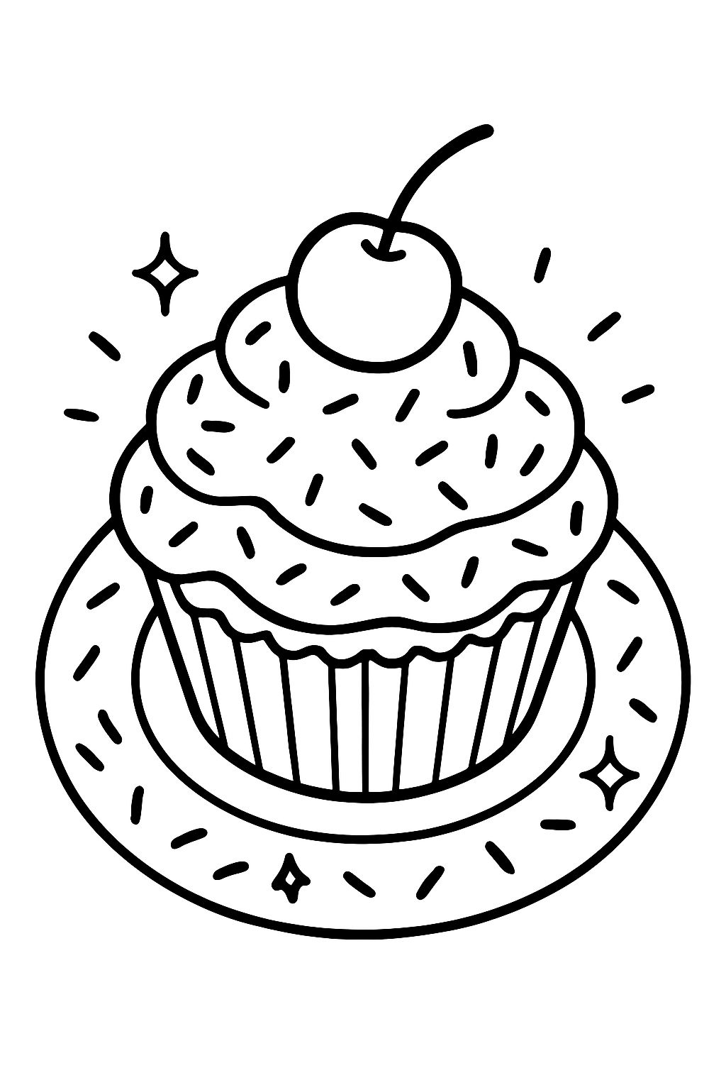 Elegant Black and White Cupcake Line Art for Coloring Book Pages