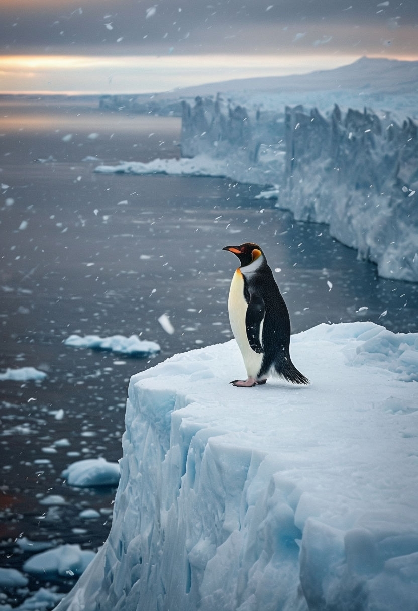 Solitary Penguin on Ice Cliff in Tranquil Arctic Landscape Mobile Wallpaper
