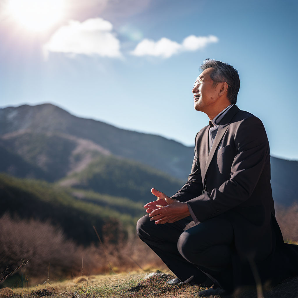 Side view of a Korean pastor in his 50s kneeling and talking... by ...