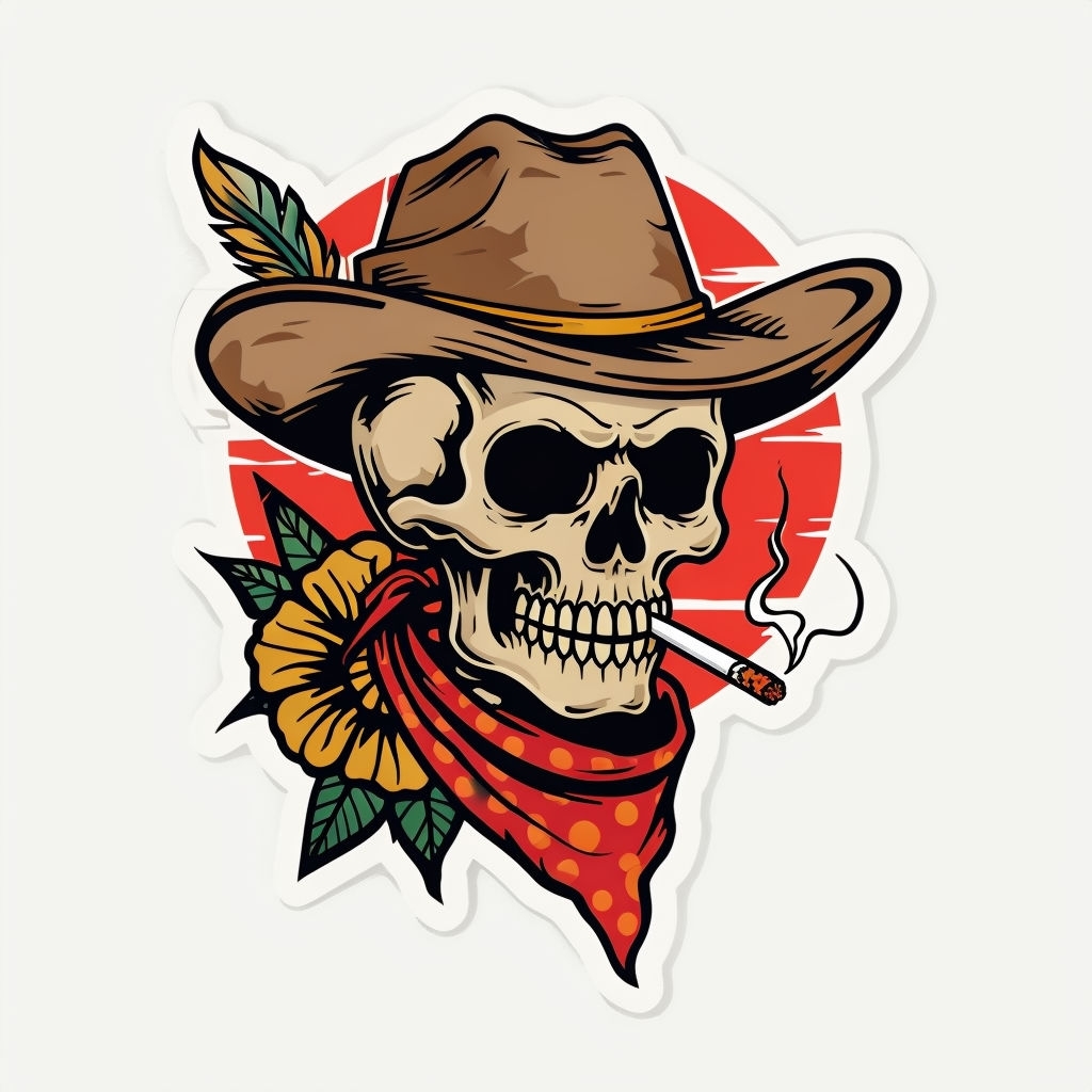 Rebellious Skeleton Tattoo Design with Cowboy Hat Sticker