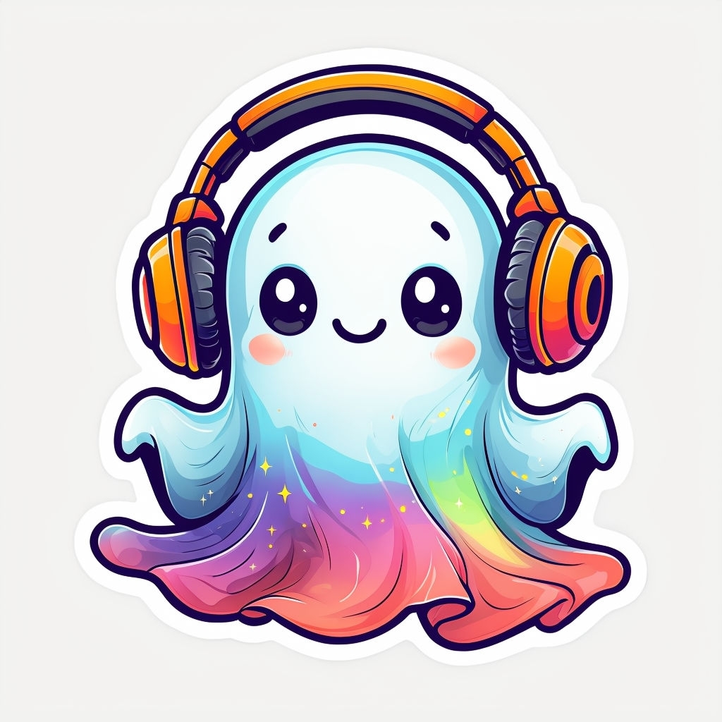 Cute Whimsical Ghost with Headphones Cartoon Sticker