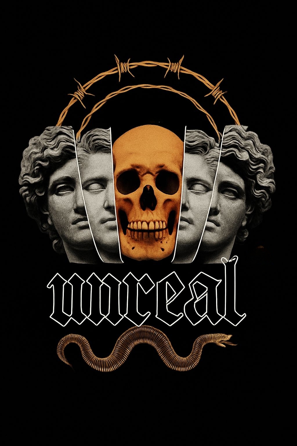 Surreal Statue Heads with Skull and Snake Design T-Shirt