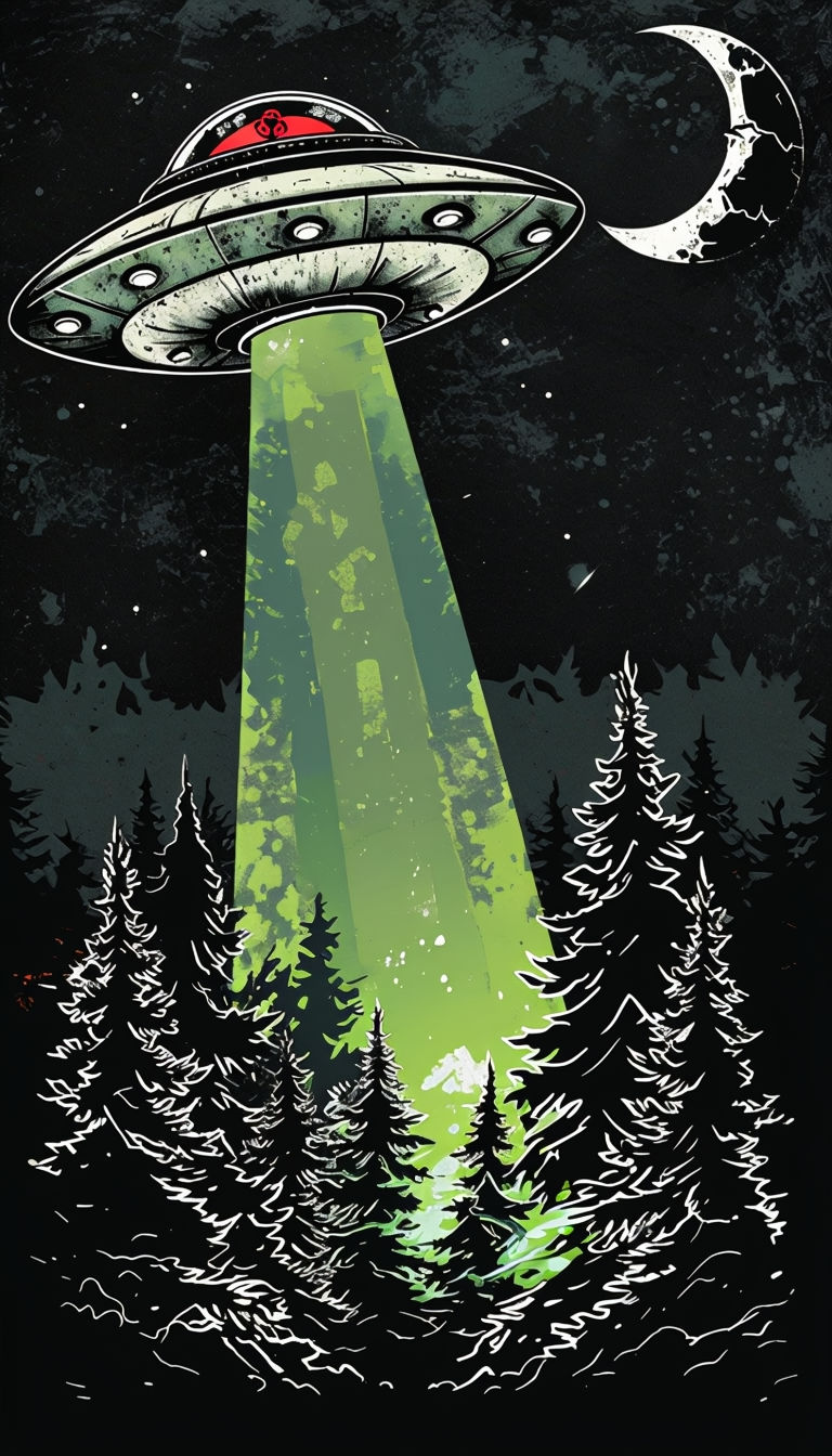 Mysterious UFO Abduction Scene with Illuminated Forest Art