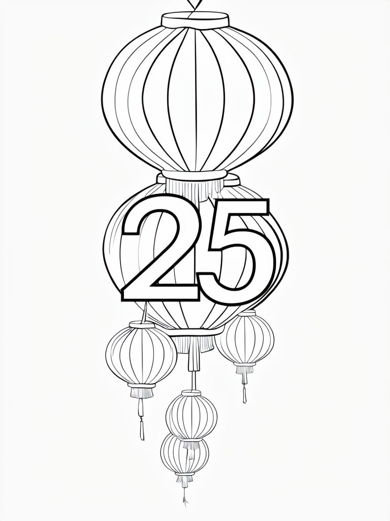 Chinese Lanterns with Number 25 Line Art Illustration Coloring Book Pages