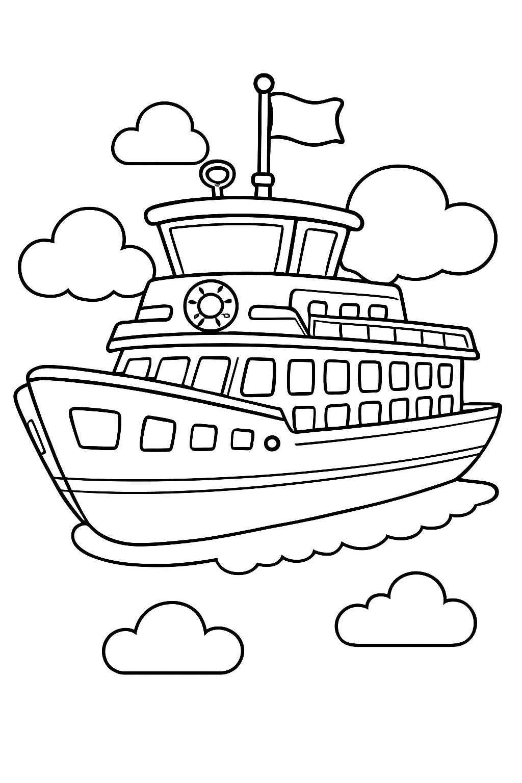 Playful Multi-Deck Ferry Ship Cartoon Illustration Coloring Book Page