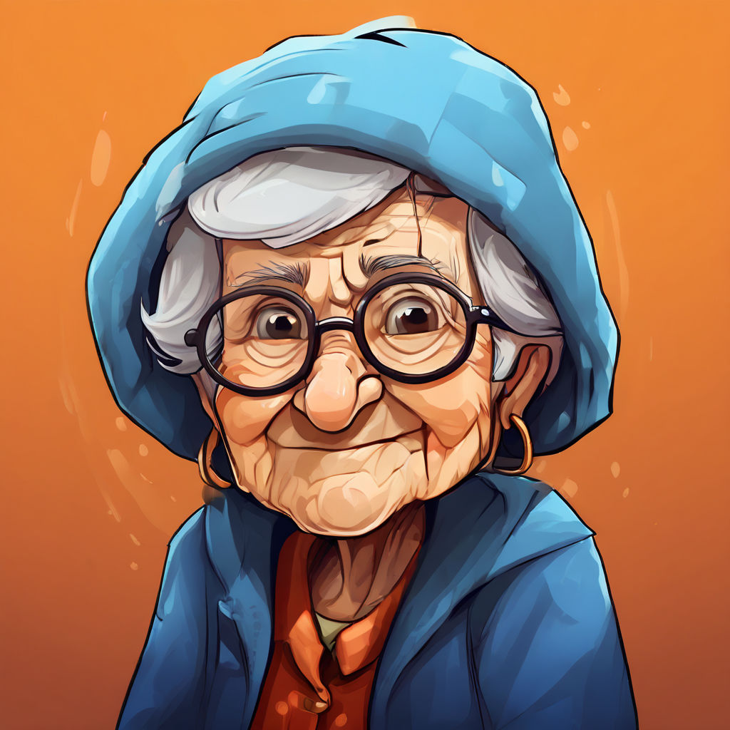 A funny little old lady with huge glasses cartoon