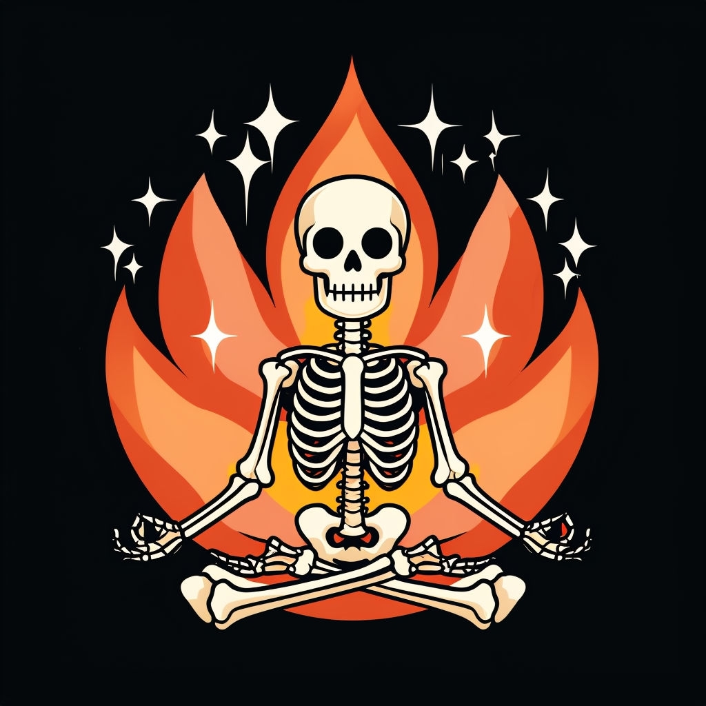 Meditative Skeleton Surrounded by Vibrant Flames Sticker